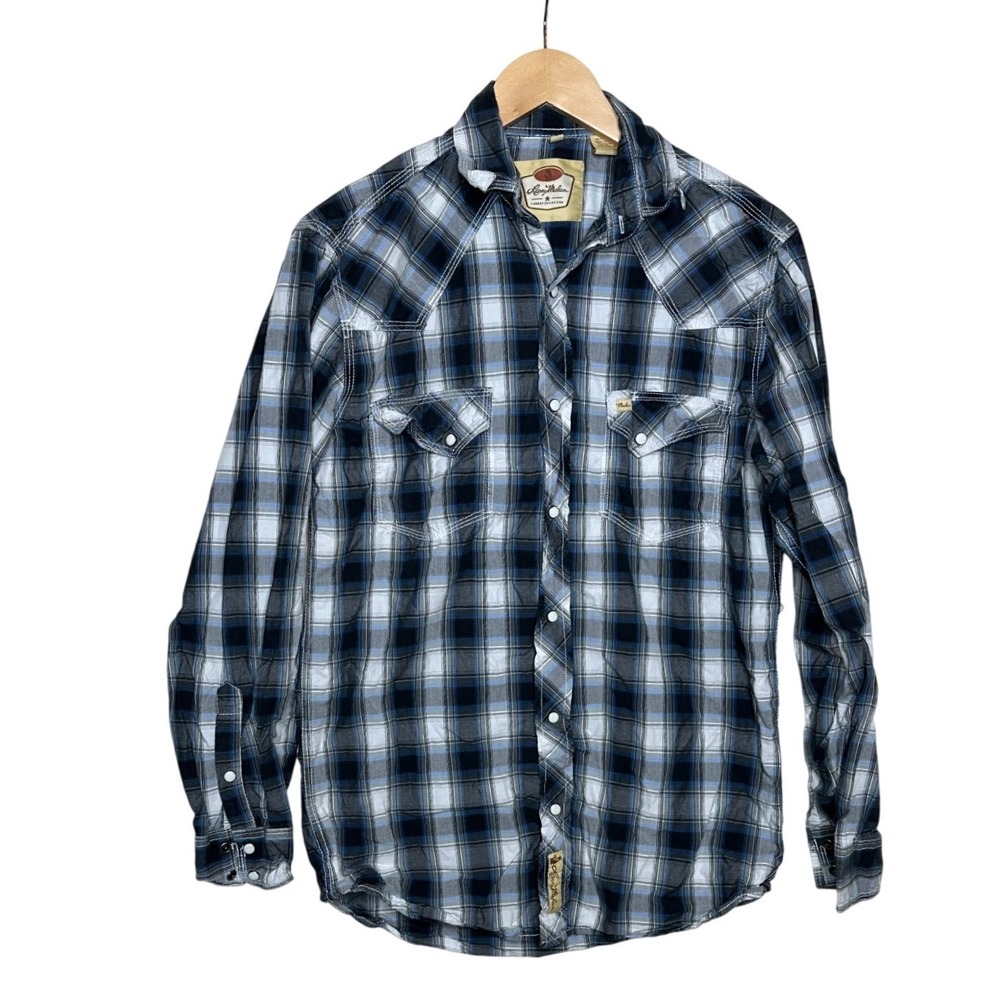 Larry Mahan Mens Plaid Pearl Snap Button Up Shirt Size Small Blue Western